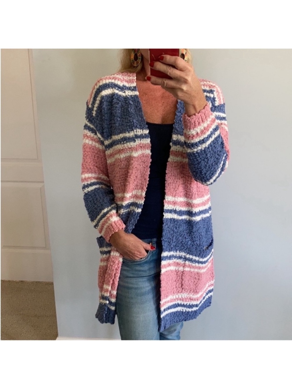 Pink, Blue & Off White Stripe Popcorn Texture Open Cardigan